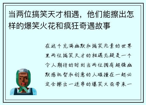 当两位搞笑天才相遇，他们能擦出怎样的爆笑火花和疯狂奇遇故事