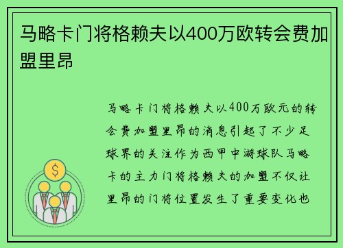 马略卡门将格赖夫以400万欧转会费加盟里昂
